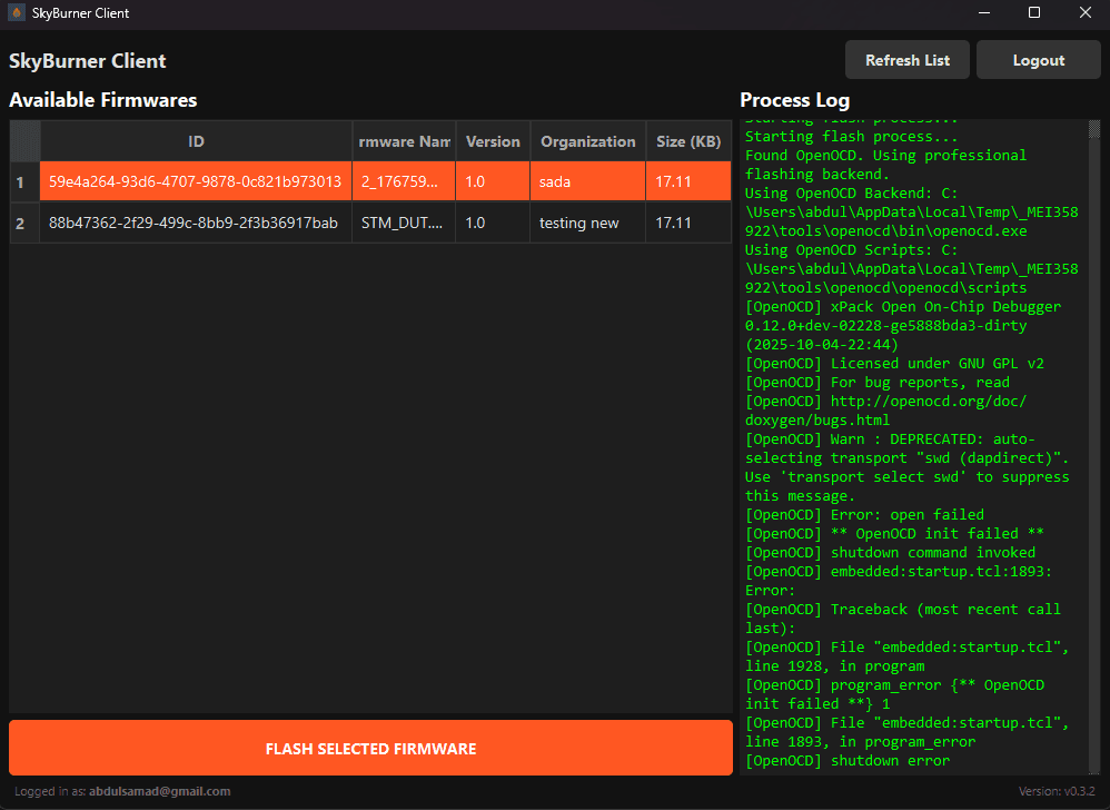 SkyBurner — Remote Firmware Flasher